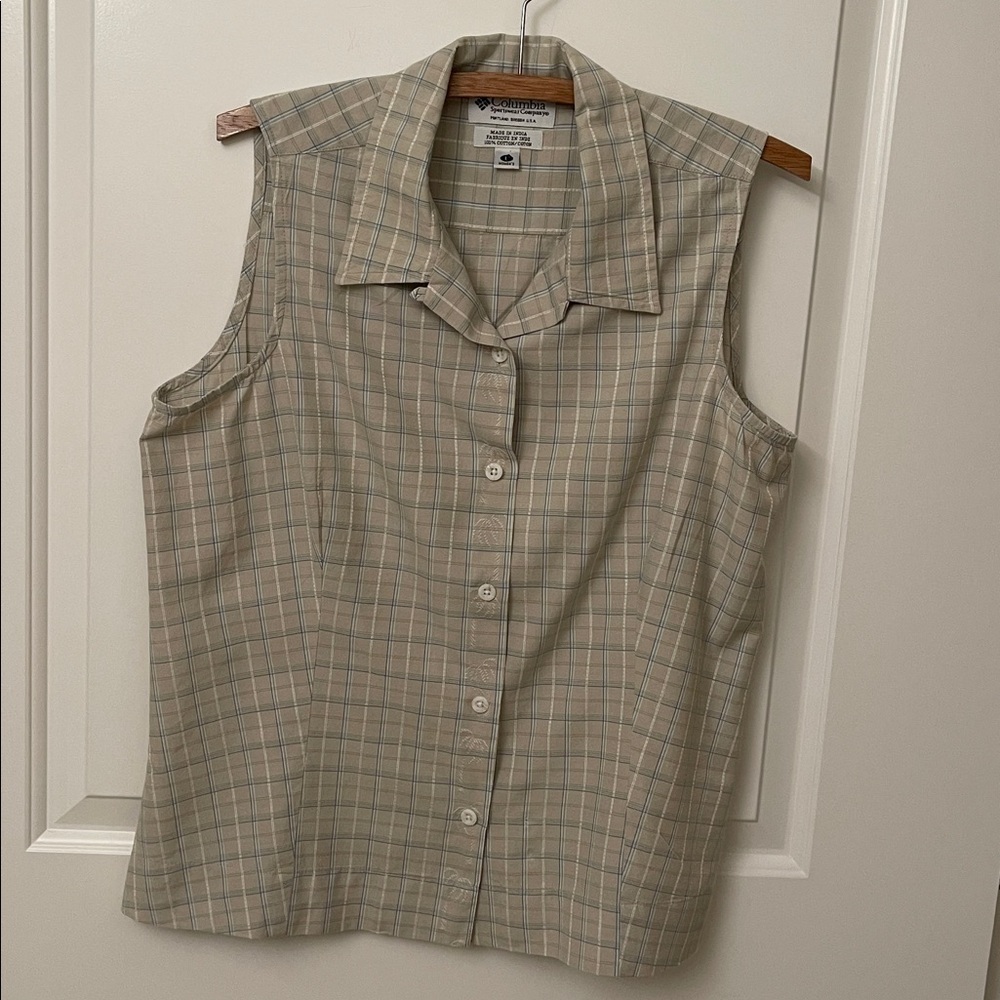Columbia Women's Tan Plaid Sleeveless Shirt/Cotton/ Plaid/Neutral
